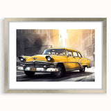 Abstract textured art print of a stylized taxi in silver frame, featuring a blend of gray and yellow tones.
