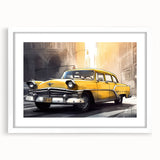 Abstract art print featuring a stylized taxi in yellow and black on a white framed canvas, suited for dining room decor.