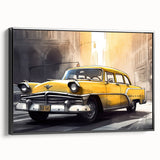 Black and white vintage poster art of a classic car on a framed canvas, suitable for bedroom wall decor.