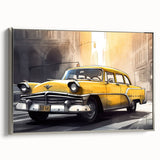Framed canvas featuring a side view of a vintage taxi in black and colorful accents, ideal for decorating a home office.