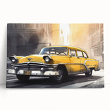 Black and white stretched canvas featuring a vintage taxi design, ideal for kitchen wall art or bedroom ambiance.