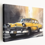 Vintage taxi design in yellow and black on a stretched canvas, suitable for kitchen wall art.