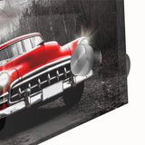 Large abstract wall art featuring a mid-century modernist taxi design in vibrant yellow and black on acrylic glass.