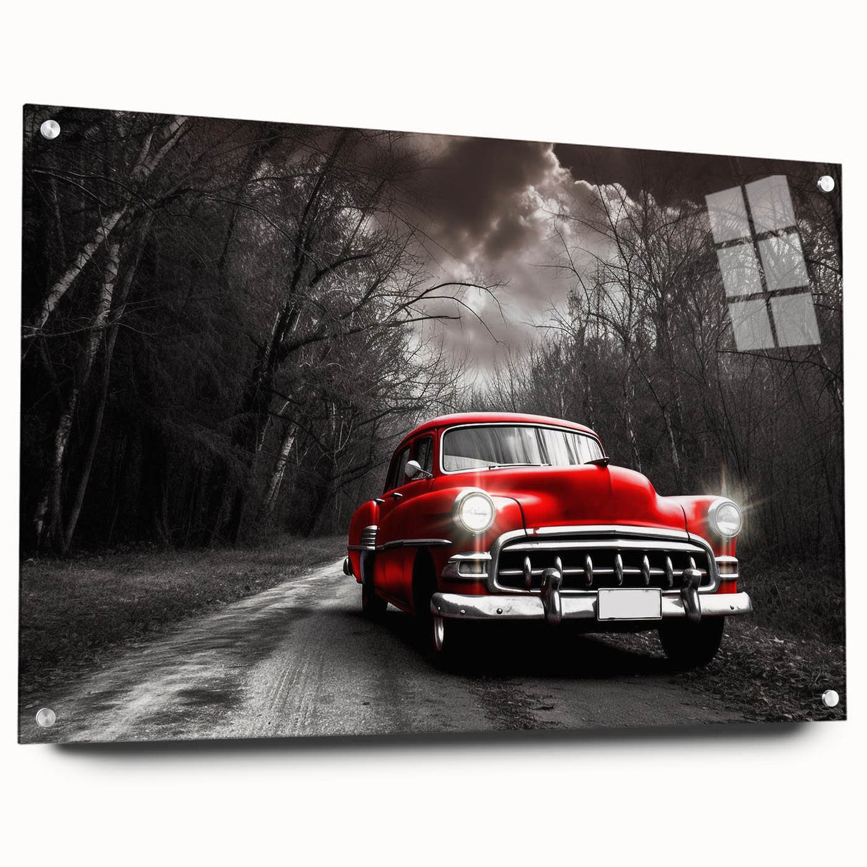 Acrylic print of a side-view taxi in vibrant yellow and black, suitable for dining room decor.