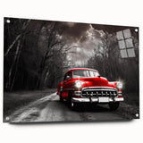 Acrylic print of a side-view taxi in vibrant yellow and black, suitable for dining room decor.