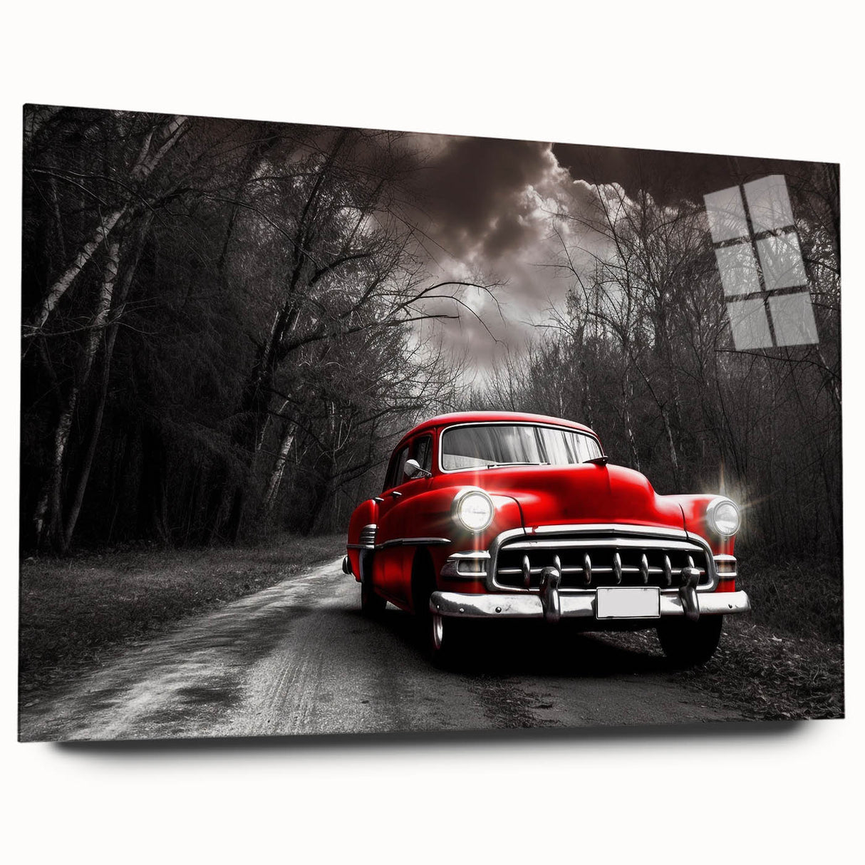 Acrylic print of a vintage taxi in muted yellow and black, ideal for bedroom or dining room art.