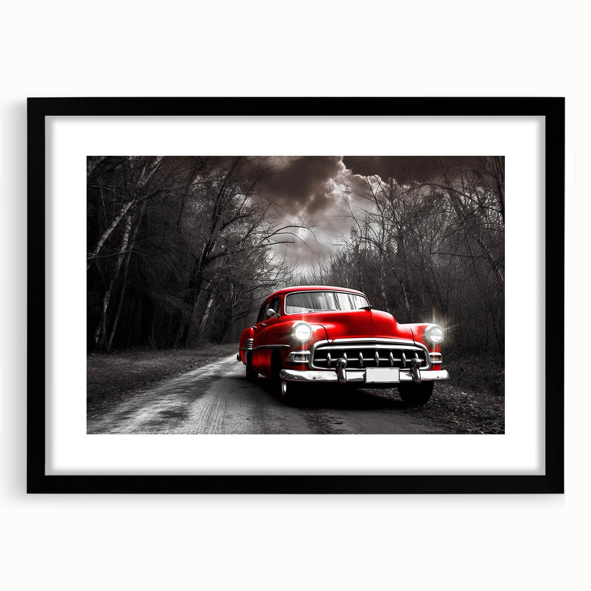 Abstract art print featuring a colorful, textured depiction of a taxi, in a large black frame with mat.