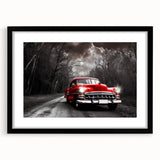 Abstract art print featuring a colorful, textured depiction of a taxi, in a large black frame with mat.