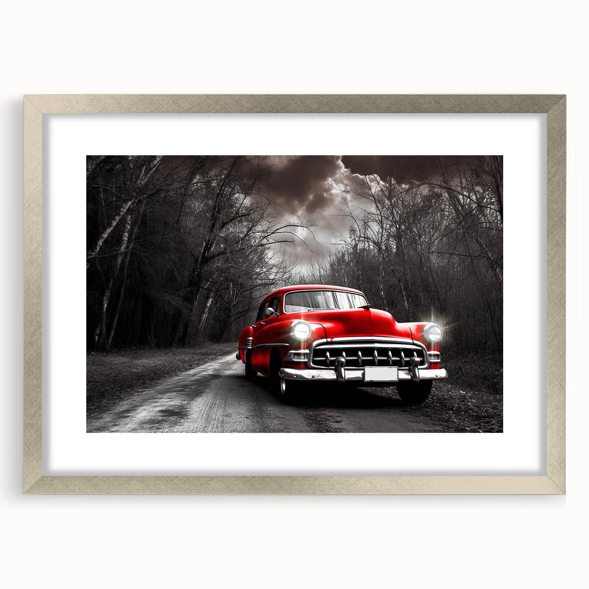 Abstract art print featuring a stylized car and taxi in silver and gray tones on a framed poster.