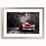 Abstract art print featuring a stylized car and taxi in silver and gray tones on a framed poster.
