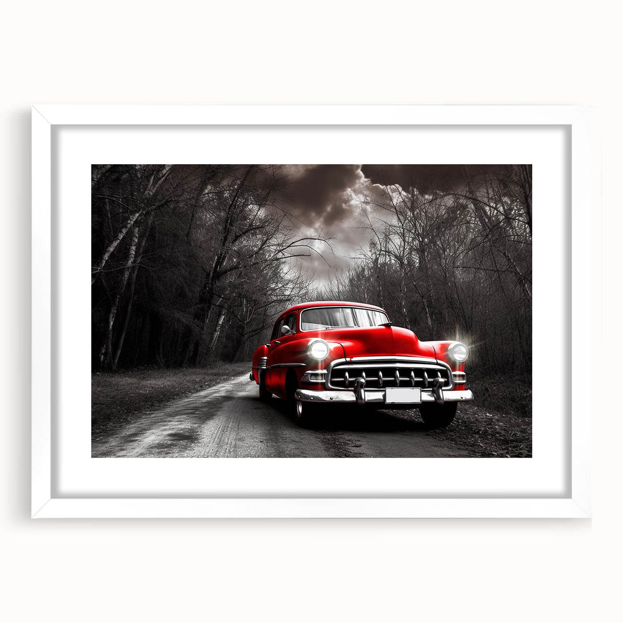 Textured art print of an abstract, multicolored taxi design on a white framed poster, ideal for bedroom art.