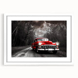 Textured art print of an abstract, multicolored taxi design on a white framed poster, ideal for bedroom art.