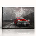 Large abstract wall art depicting a stylized black taxi, in mid-century modernist style, framed in acrylic.