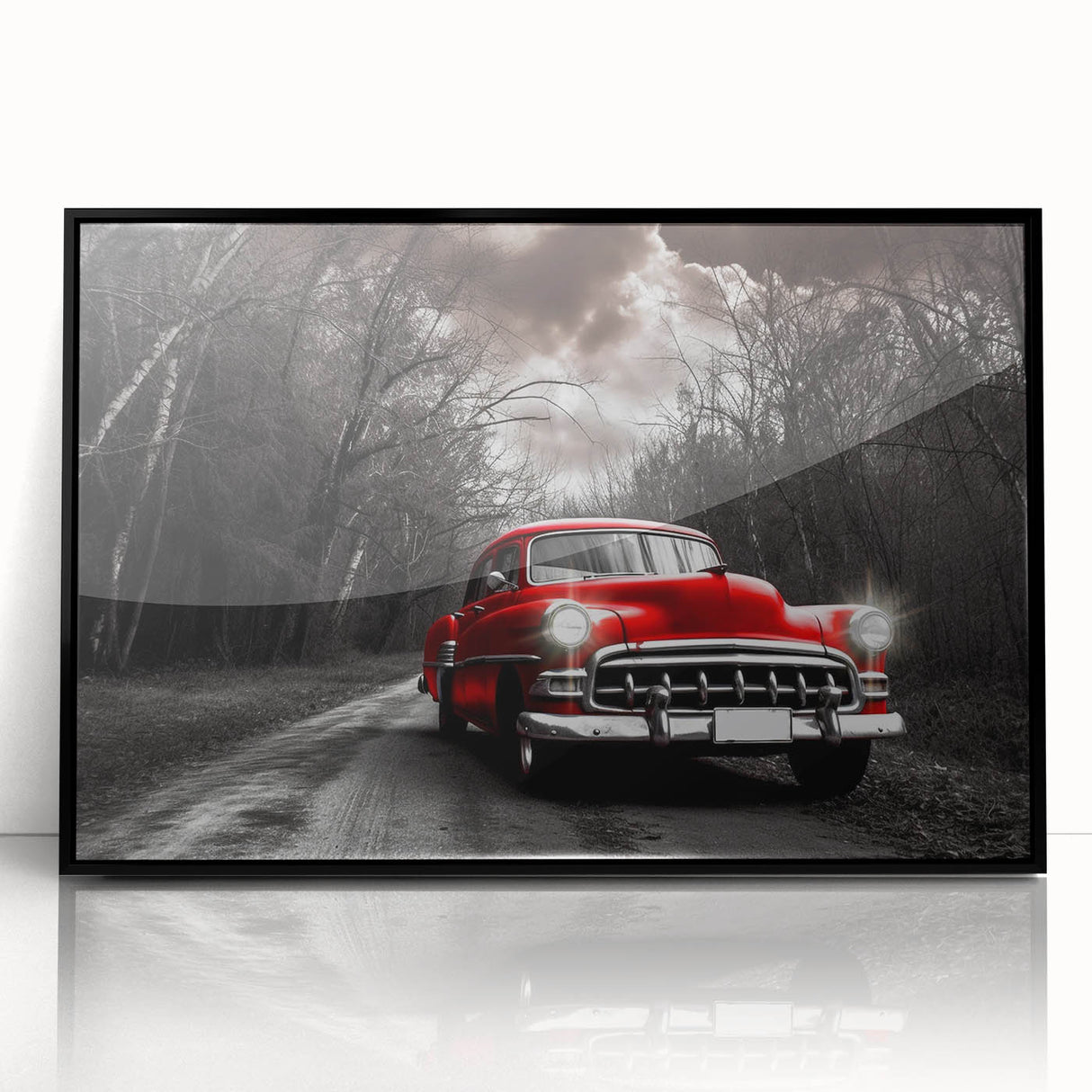 Large abstract wall art depicting a stylized black taxi, in mid-century modernist style, framed in acrylic.