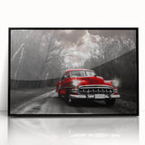 Large abstract wall art depicting a stylized black taxi, in mid-century modernist style, framed in acrylic.