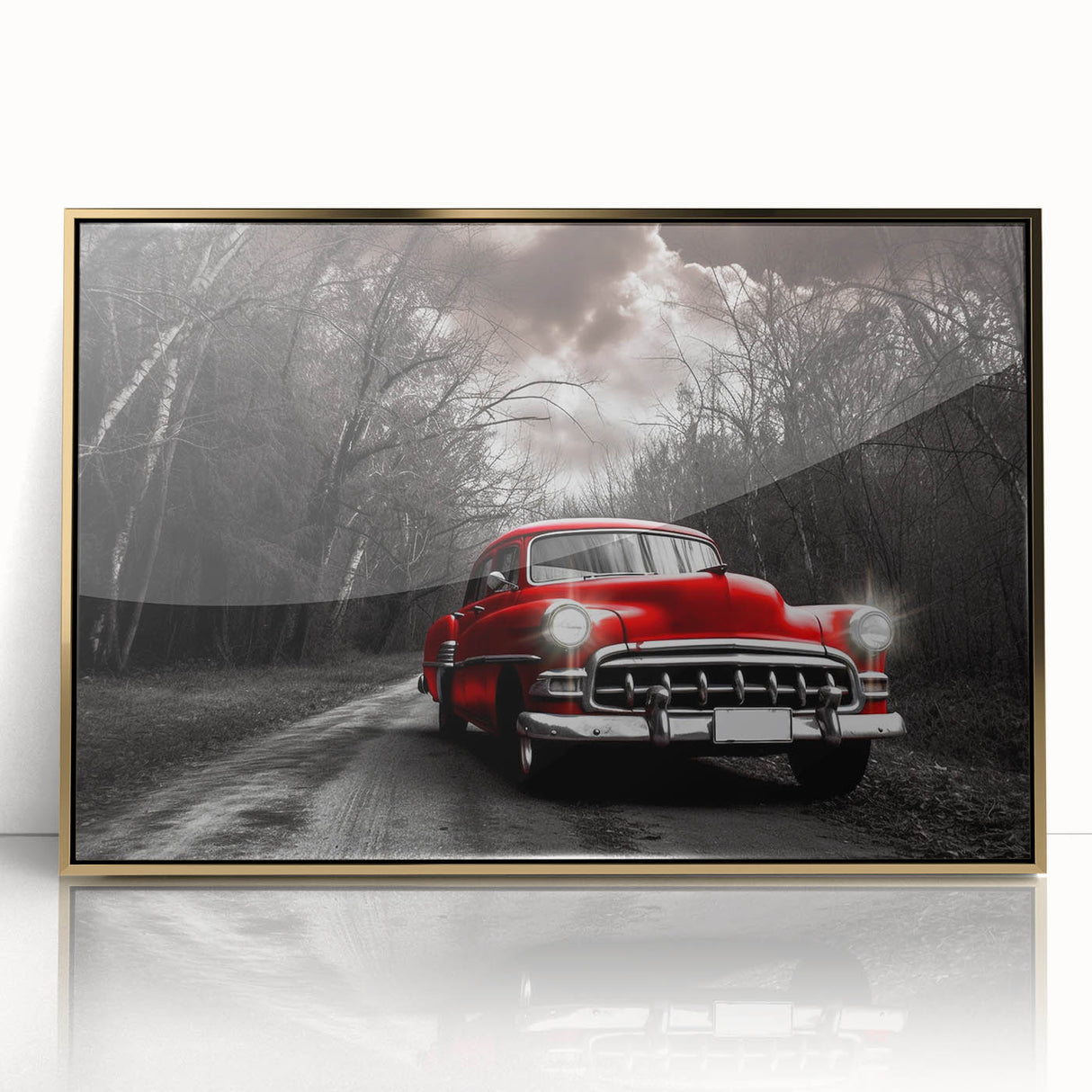 Mid-century modernist style large art print of a classic taxi on acrylic, framed in gold, ideal for nursery wall decor.