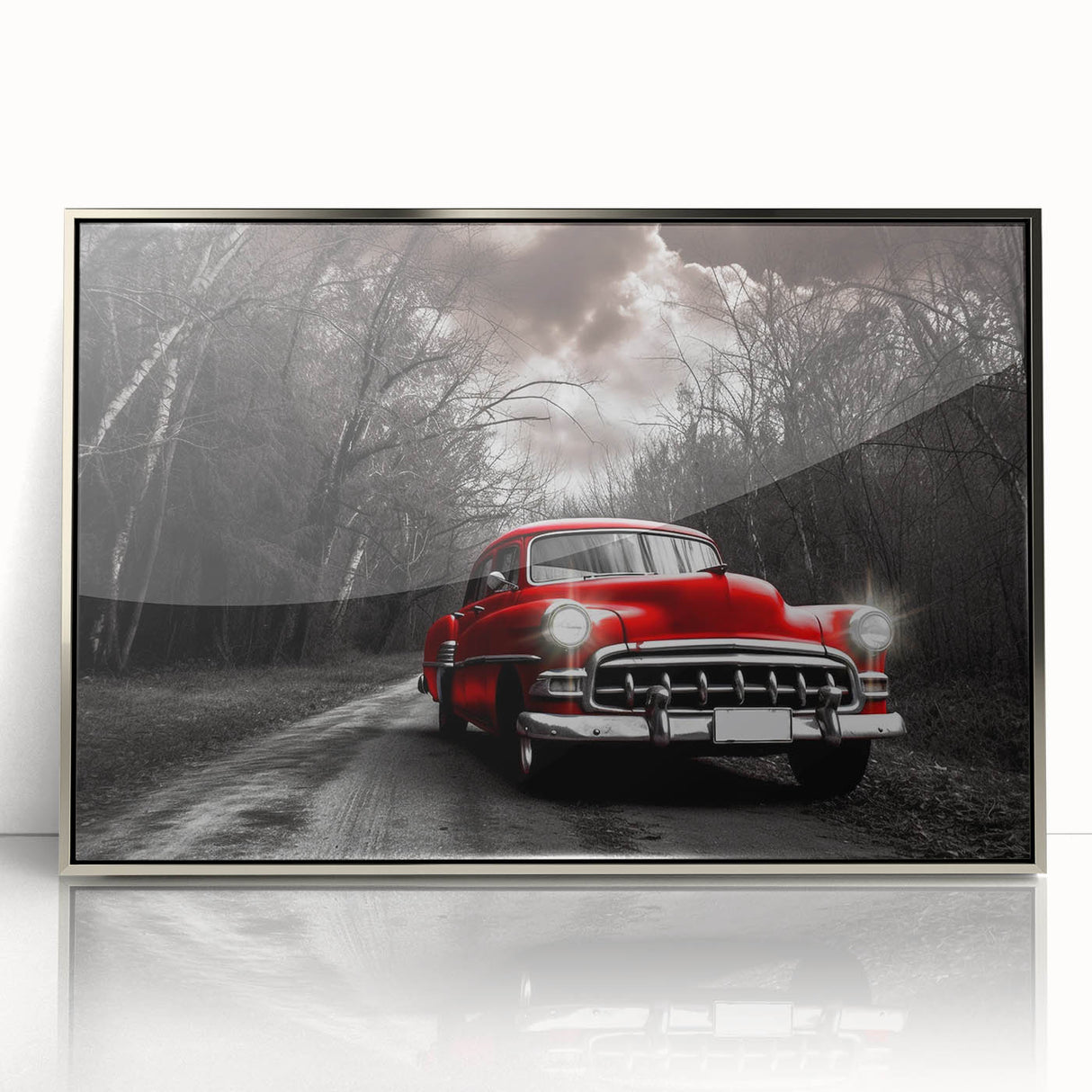 Mid-century modernist art deco poster featuring a silver-framed acrylic print of stylized vehicles in monochrome.