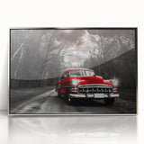 Mid-century modernist art deco poster featuring a silver-framed acrylic print of stylized vehicles in monochrome.