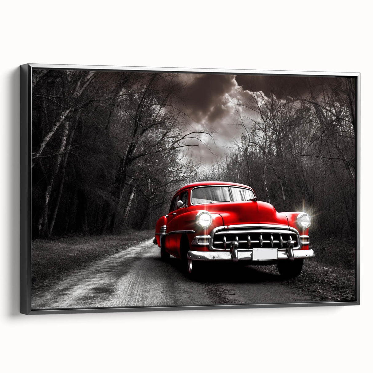 Black and white framed canvas of a vintage taxi, ideal for bedroom wall art with a minimalist style.