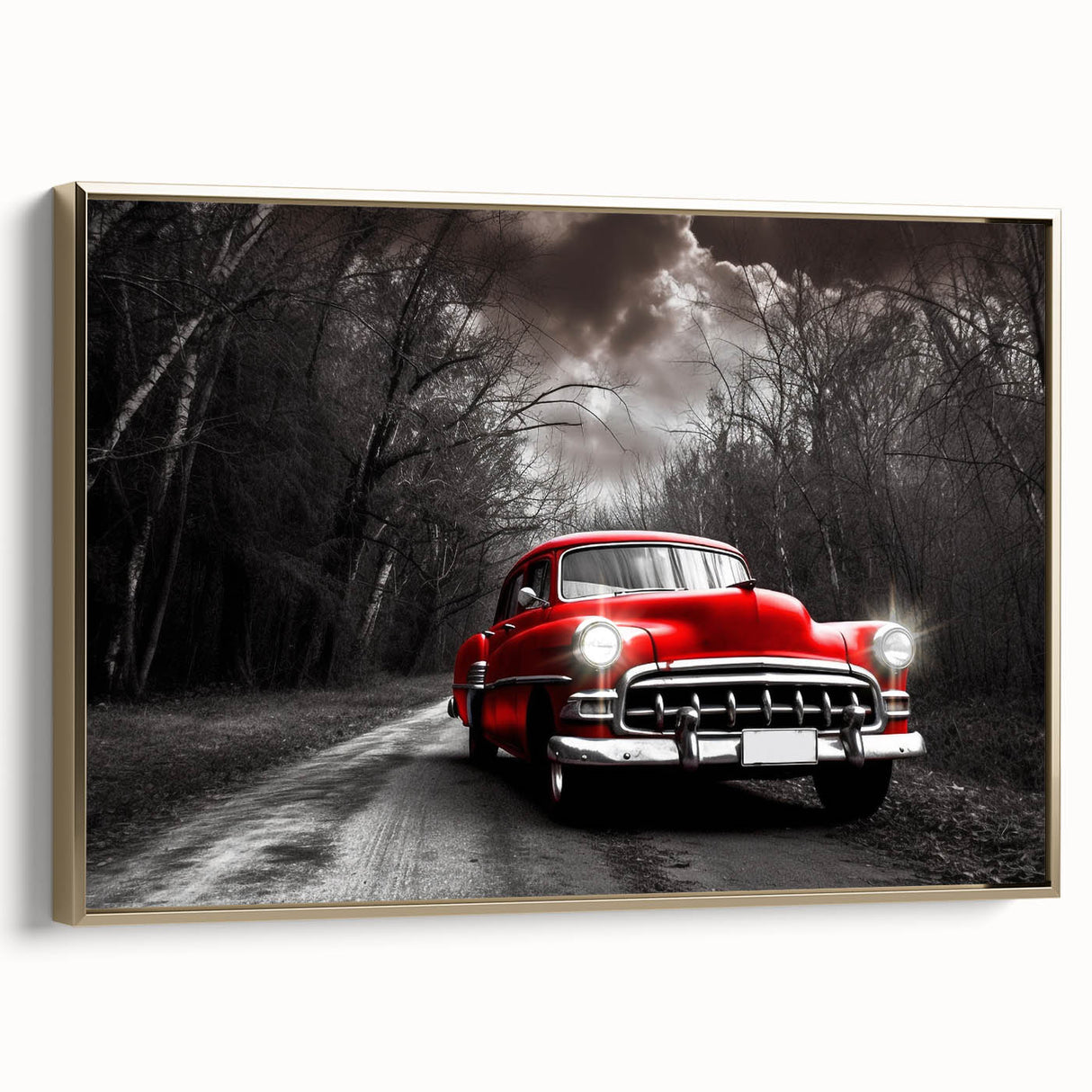 Framed canvas depicting a vintage-style black taxi on a muted gold background, suitable for bedroom wall art.