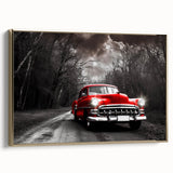 Framed canvas depicting a vintage-style black taxi on a muted gold background, suitable for bedroom wall art.