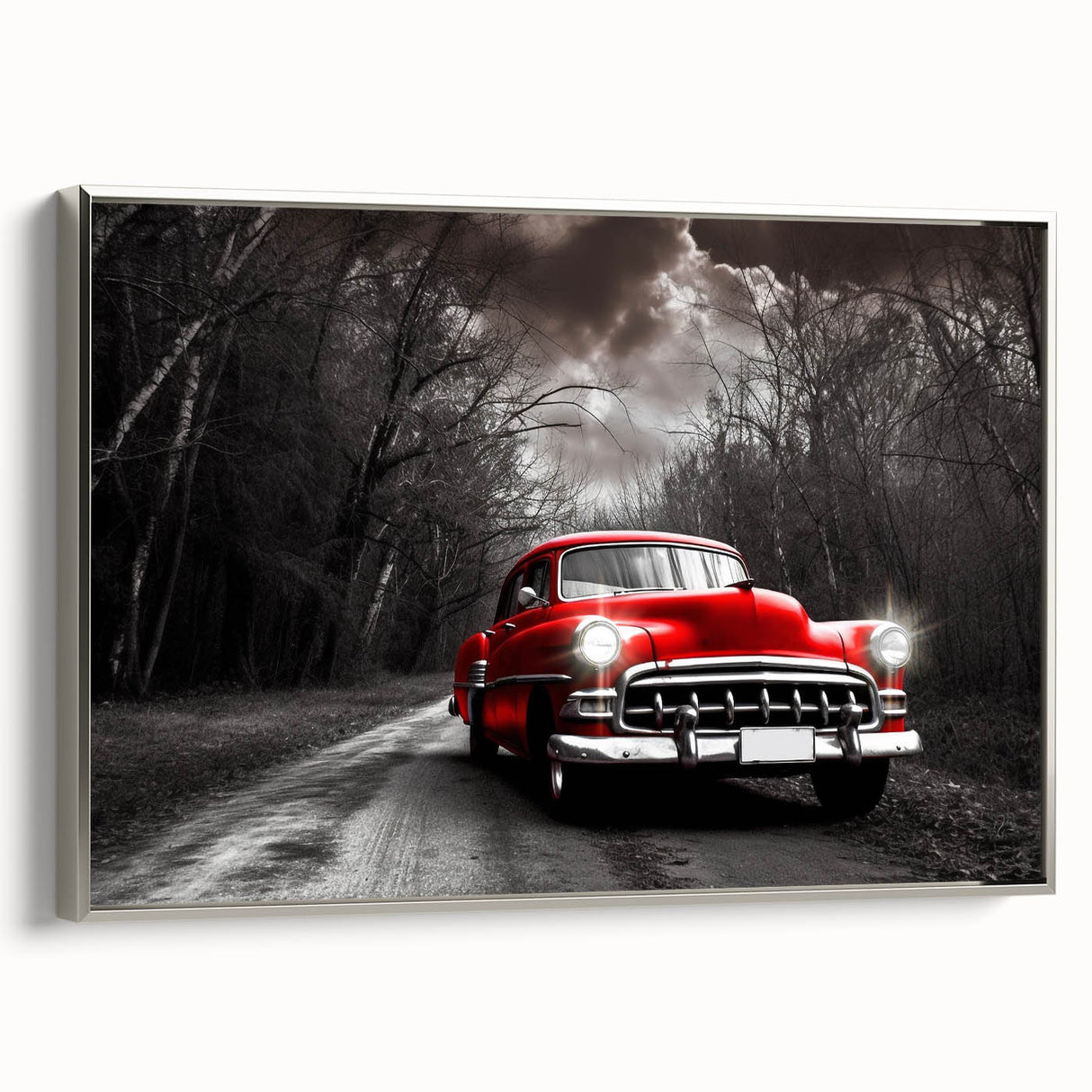 Silver-framed canvas of a vintage car in black and colorful tones, ideal for adding a retro touch to any room.