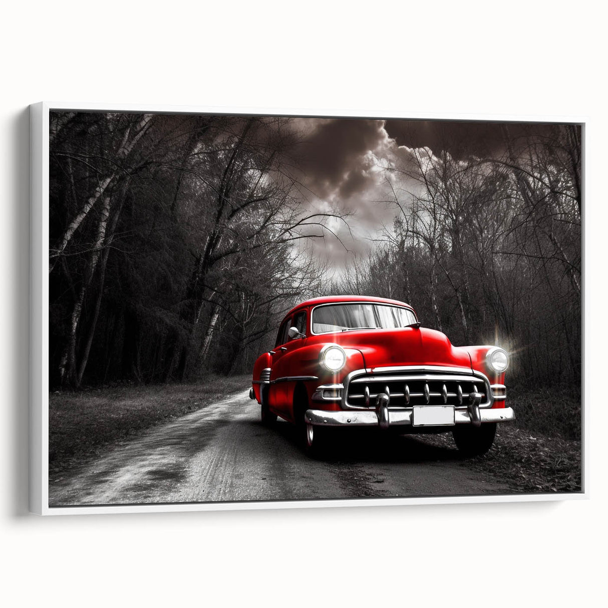 Vintage poster art of a classic car in colorful hues on a framed canvas, ideal for living room decor.