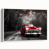 Vintage poster art of a classic car in colorful hues on a framed canvas, ideal for living room decor.