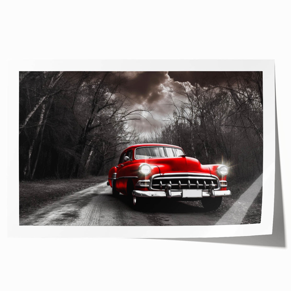Extra large rolled print featuring a vintage taxi in muted yellow and black tones, suited for art wall dining room.