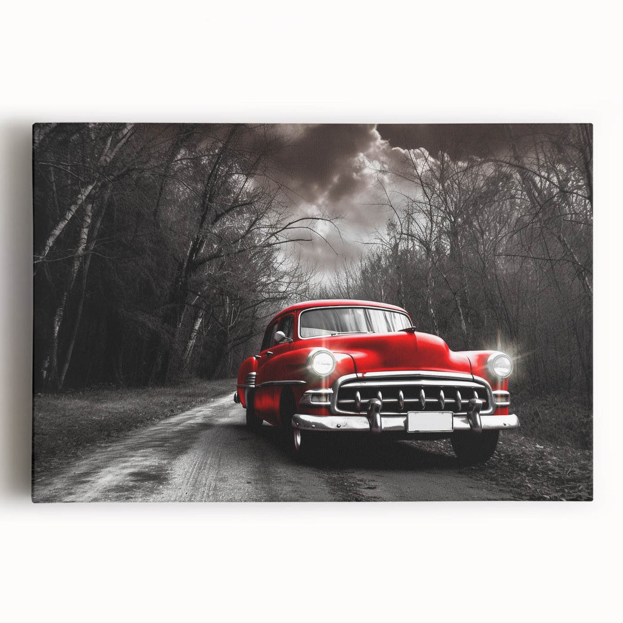 Black and white stretched canvas of a vintage taxi, ideal for kitchen wall art.