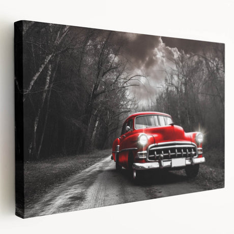 Side view of a vintage taxi on a stretched canvas, featuring muted yellow and black tones, ideal for kitchen wall art.