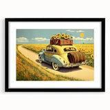 Abstract art print featuring colorful, textured vehicles on a large canvas, ideal for living room decor.