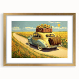 Extra large abstract art print featuring textured vehicles in muted earth tones on a framed canvas.