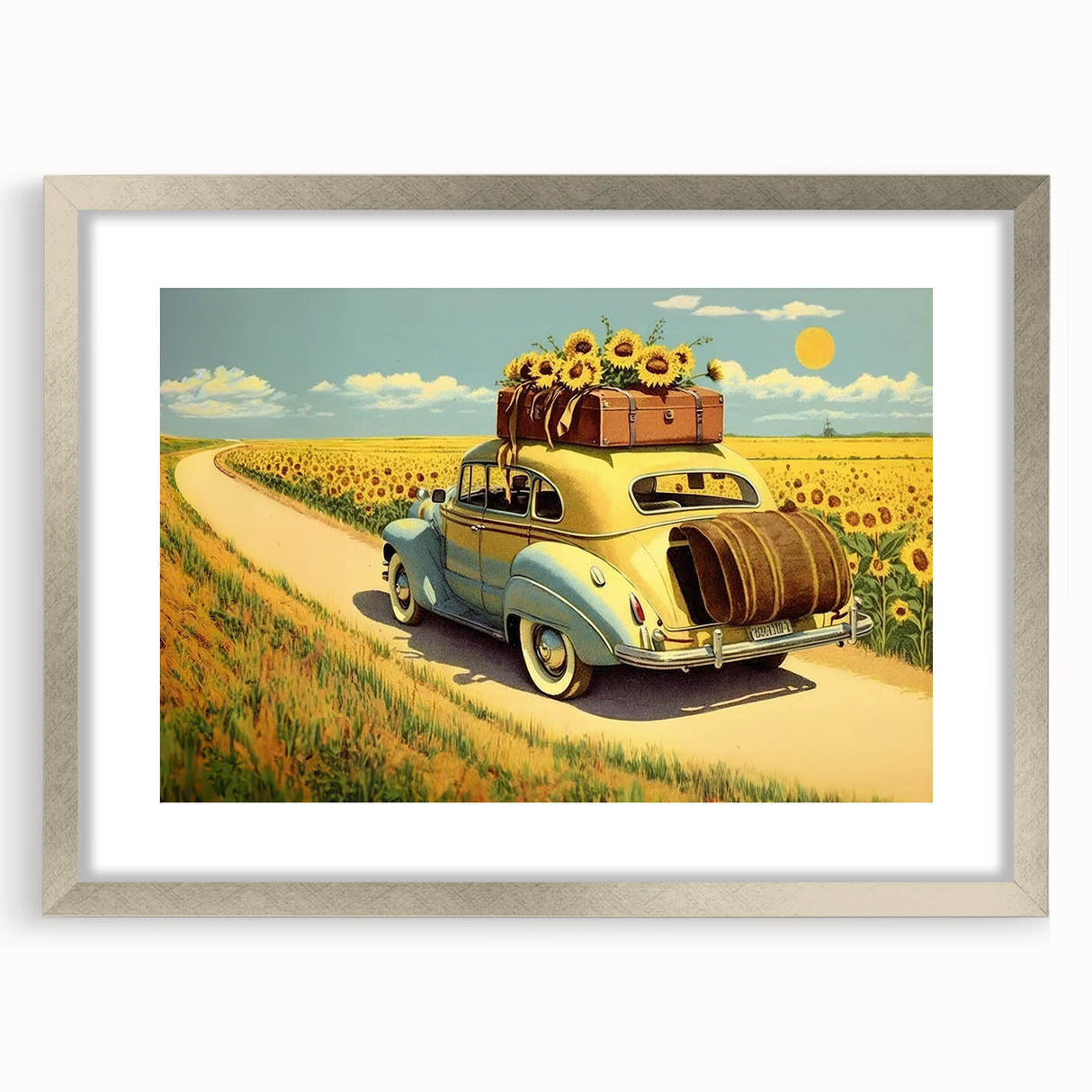Textured art print of abstract taxis in muted yellow and gray, framed in silver, ideal for modern bedroom decor.