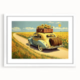 Abstract art print of a stylized taxi in yellow and black on a white framed poster, ideal for dining room decor.