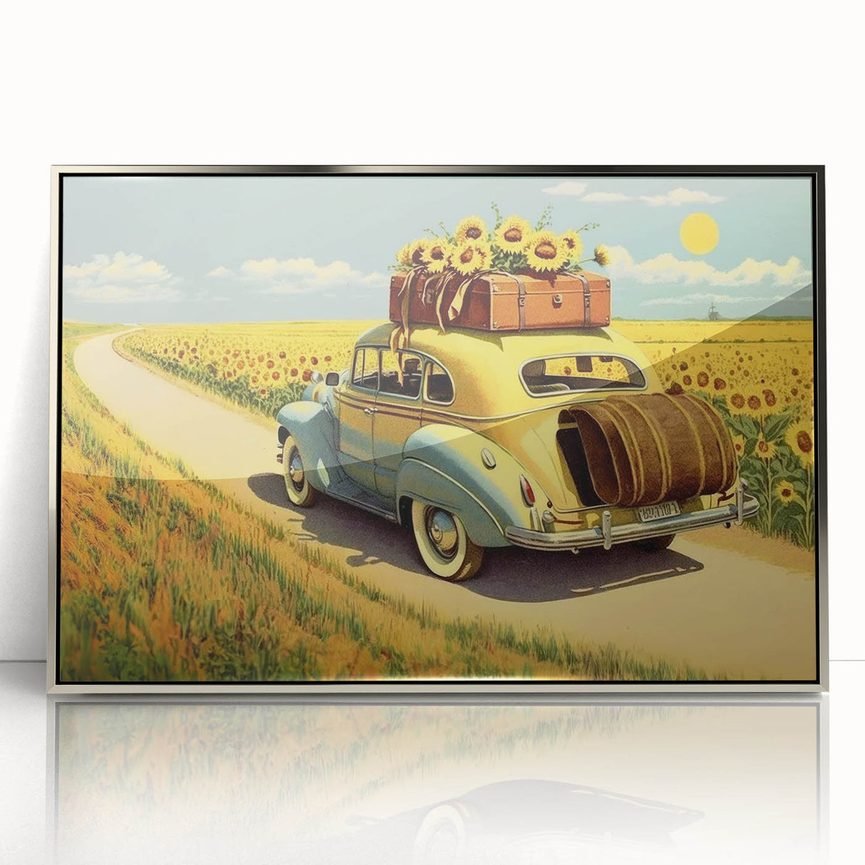 Large art print of a mid-century modernist style taxi, in vibrant yellow and black.