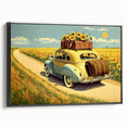 Black and white vintage poster art of a taxi, printed on framed canvas, suitable for bedroom wall decor.