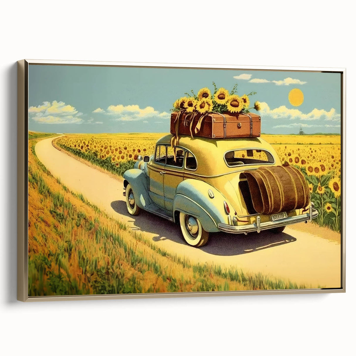 Framed canvas vintage poster art of a classic car in black and gold, ideal for bedroom wall decor.