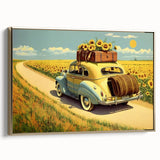 Framed canvas vintage poster art of a classic car in black and gold, ideal for bedroom wall decor.