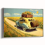 Framed canvas featuring a vintage poster of colorful cars in profile.
