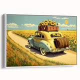 Vintage poster art of colorful cars on a black background, framed canvas, ideal for living room decor.