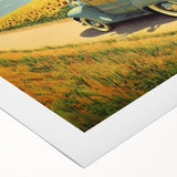 Art deco poster featuring a vintage yellow taxi, on a rolled canvas, ideal for dining room wall decor.