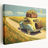 Yellow taxi cab print on stretched canvas in a realistic style with vibrant yellow and black colors.