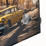 Acrylic print of a mid-century modernist abstract car design in vibrant colors, ideal for dining room art.