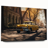 Side view of a yellow taxi, large abstract wall art on acrylic glass, suitable for bedroom or dining room decor.