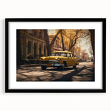 Abstract art print featuring colorful, textured vehicles on a black framed canvas, ideal for living room decor.