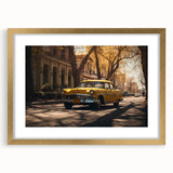 Extra large abstract art print of a textured taxi, in gold frame with mat, ideal for living room decor.