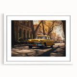 Abstract art print featuring a stylized taxi in yellow and black, framed in white.