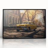 Large abstract wall art featuring a black and white taxi design on framed acrylic, suitable for modern living room decor.