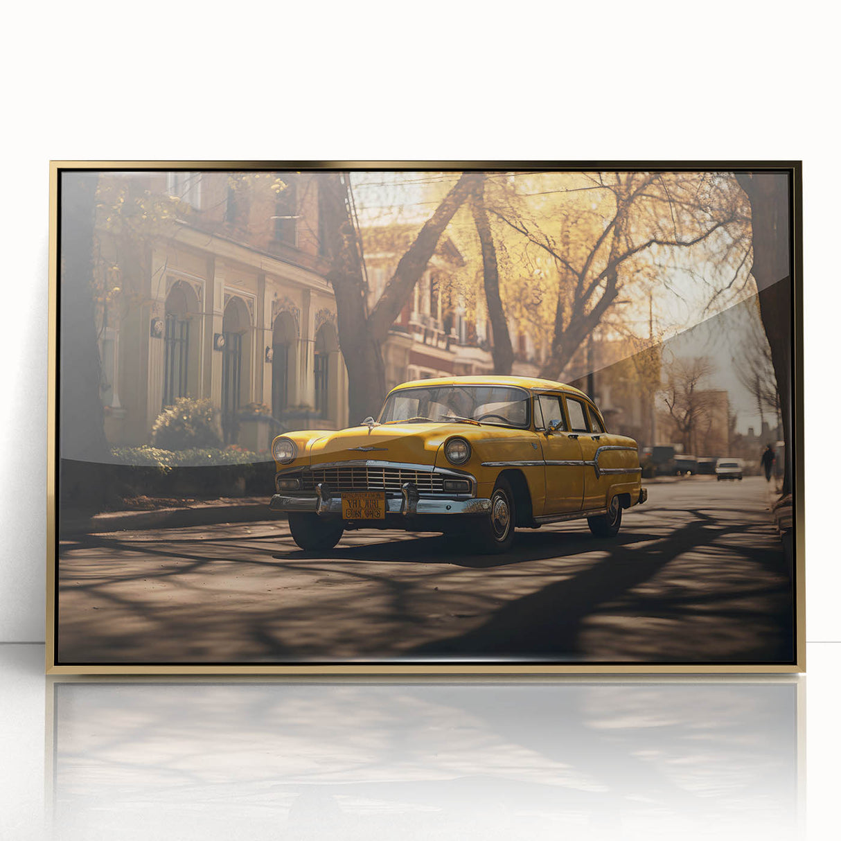 Mid-century modernist art print of a vintage taxi in yellow and black, framed in gold acrylic.